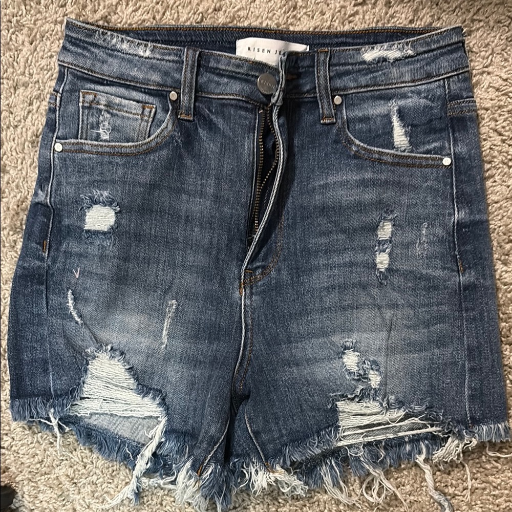 Blue High-Waisted Distressed Jean Shorts